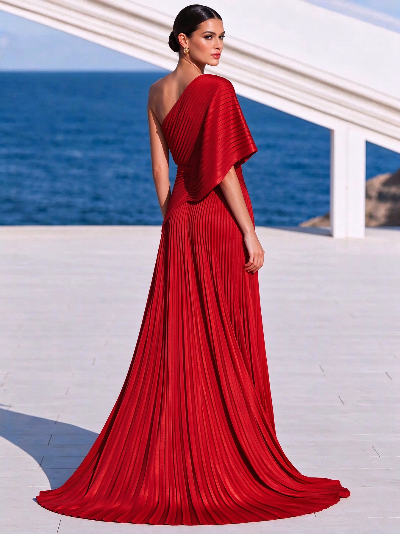 Vibrant Orange One-Shoulder Pleated Maxi Dress – Grecian Gown