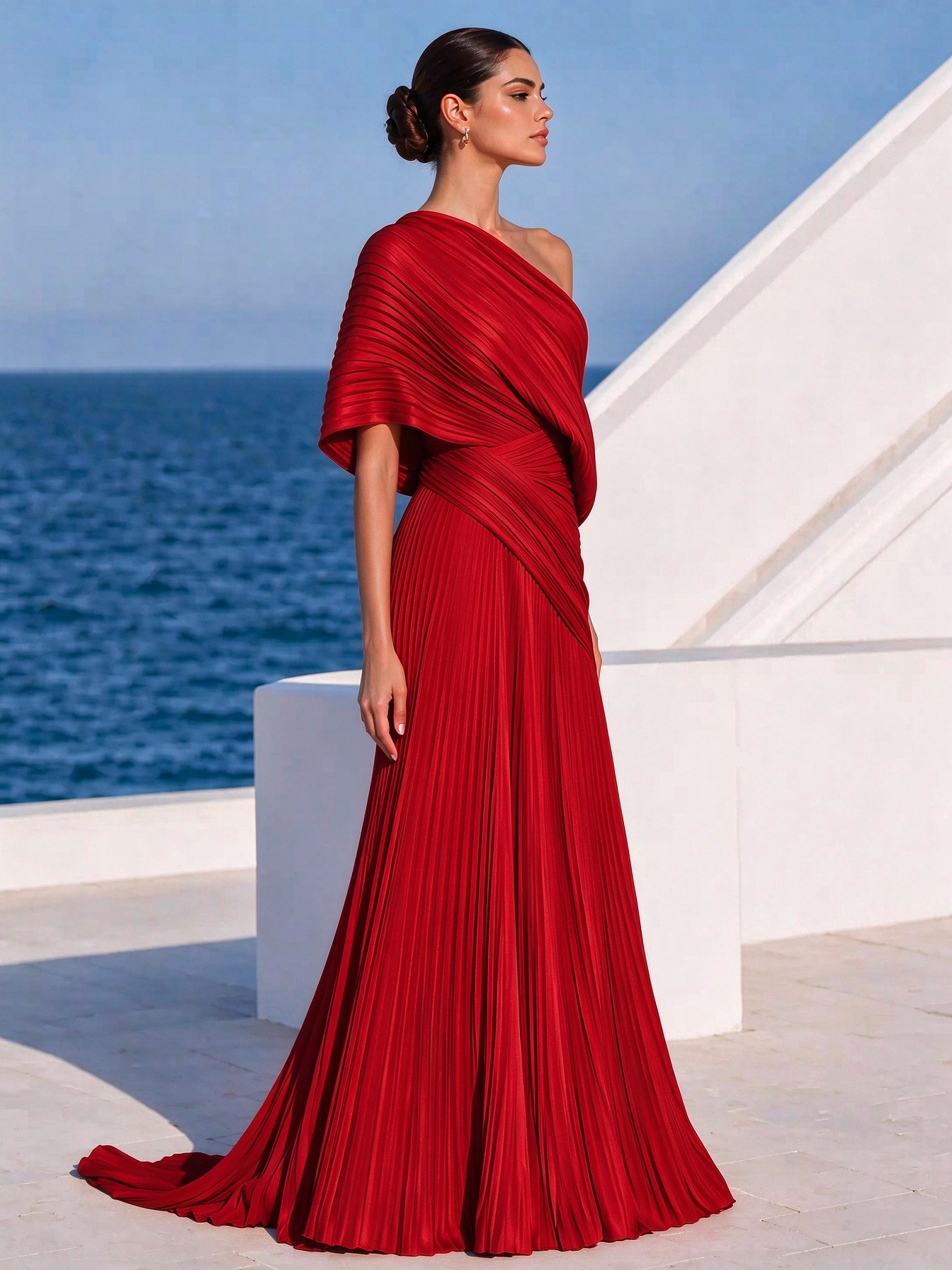 Vibrant Orange One-Shoulder Pleated Maxi Dress – Grecian Gown
