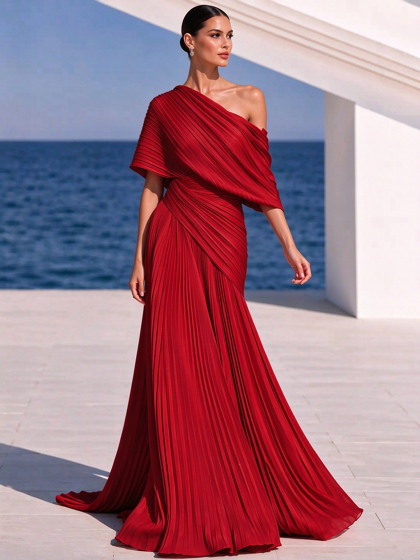 Vibrant Orange One-Shoulder Pleated Maxi Dress – Grecian Gown