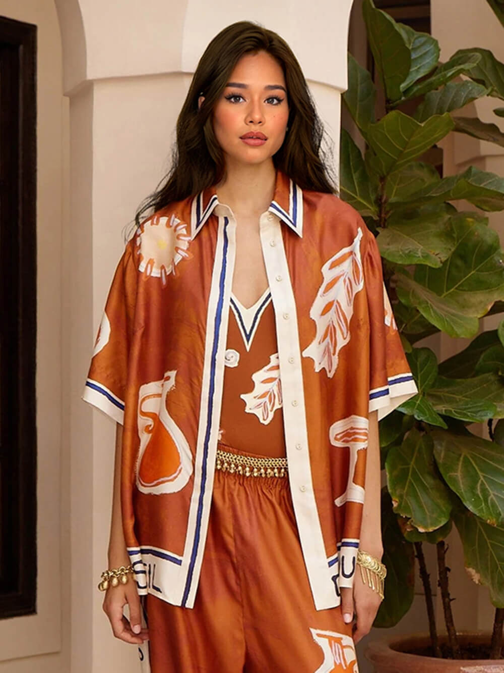 Unique Satin Art Pattern Printed Stand Collar Loose Button Shirt