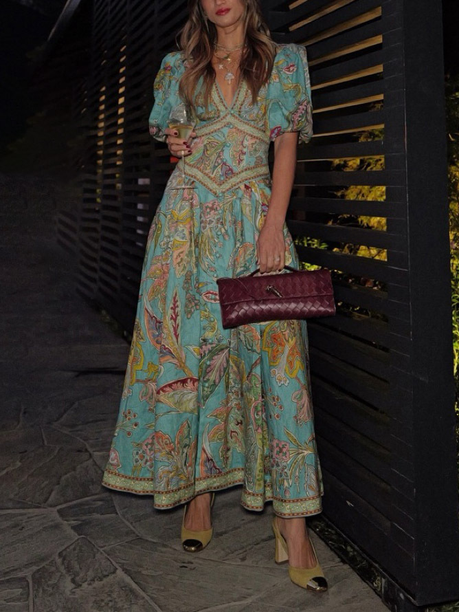 Unique Satin Vintage Floral Print Puff Sleeve Midi Dress