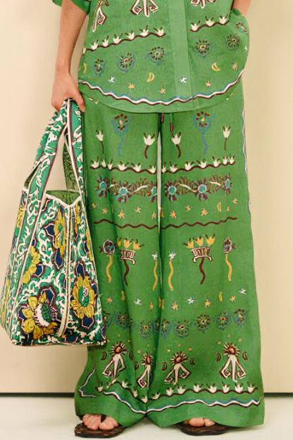 Unique Casual Sun Dancer Print Elastic Waist Loose Pocket Wide-Leg Pants