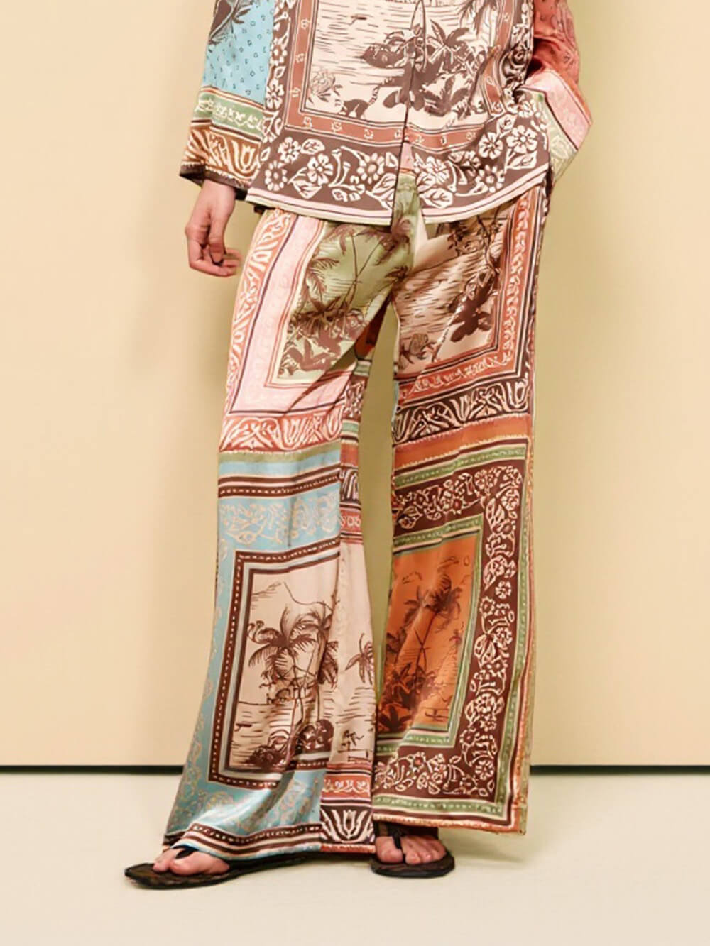 Unique Satin Floral Print Elastic-Waist Wide-Leg Pants