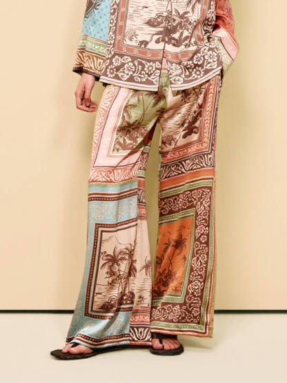 Unique Satin Floral Print Elastic-Waist Wide-Leg Pants