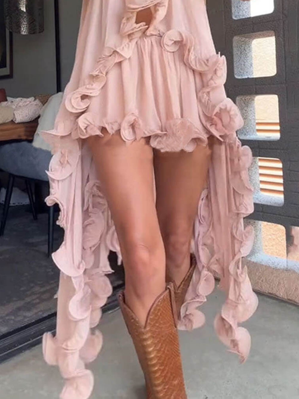 Delicate Romantic Drama Chiffon Wavy Ruffles Elastic Waist Loose Shorts