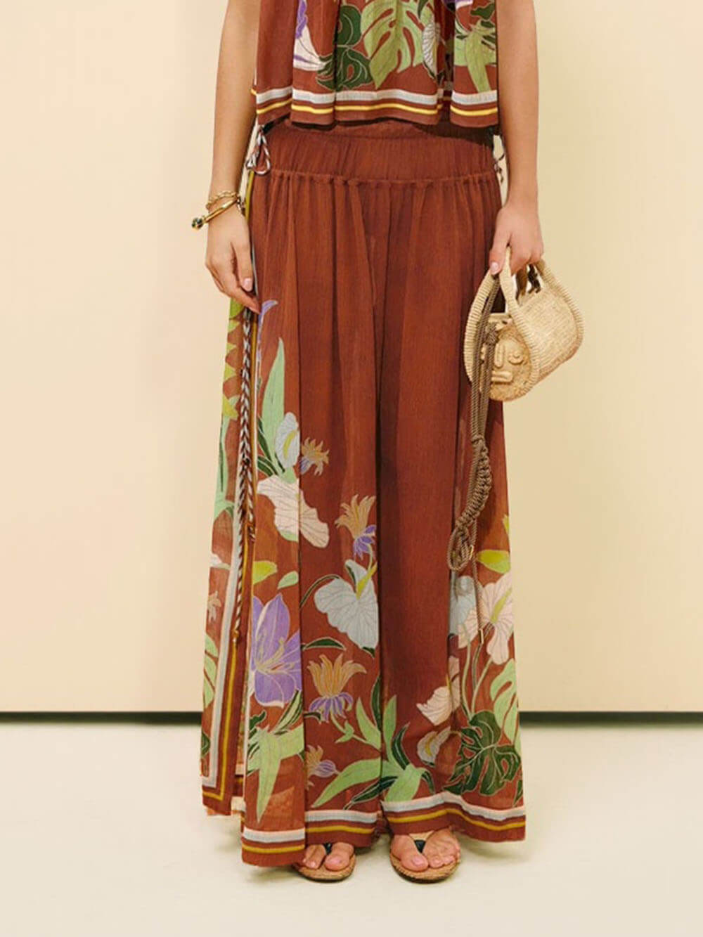 Exquisite Ruffled Adjustable Strap Camisole with Drawstring Slit Wide-Leg Pants Set