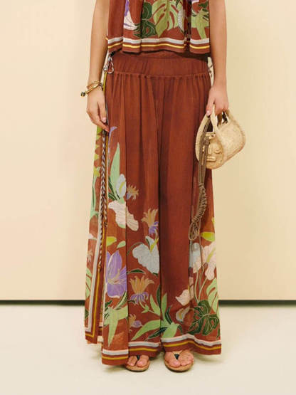 Exquisite Ruffled Adjustable Strap Camisole with Drawstring Slit Wide-Leg Pants Set