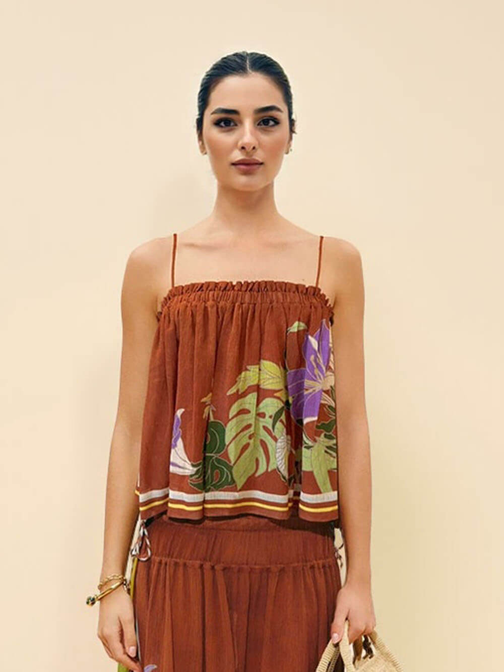 Exquisite Ruffled Adjustable Strap Camisole with Drawstring Slit Wide-Leg Pants Set