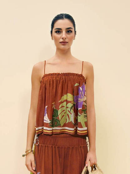 Exquisite Ruffled Adjustable Strap Camisole with Drawstring Slit Wide-Leg Pants Set