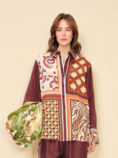 Unique Paisley Color-Block Satin Shirt And Elastic Waist Wide-Leg Pants Set