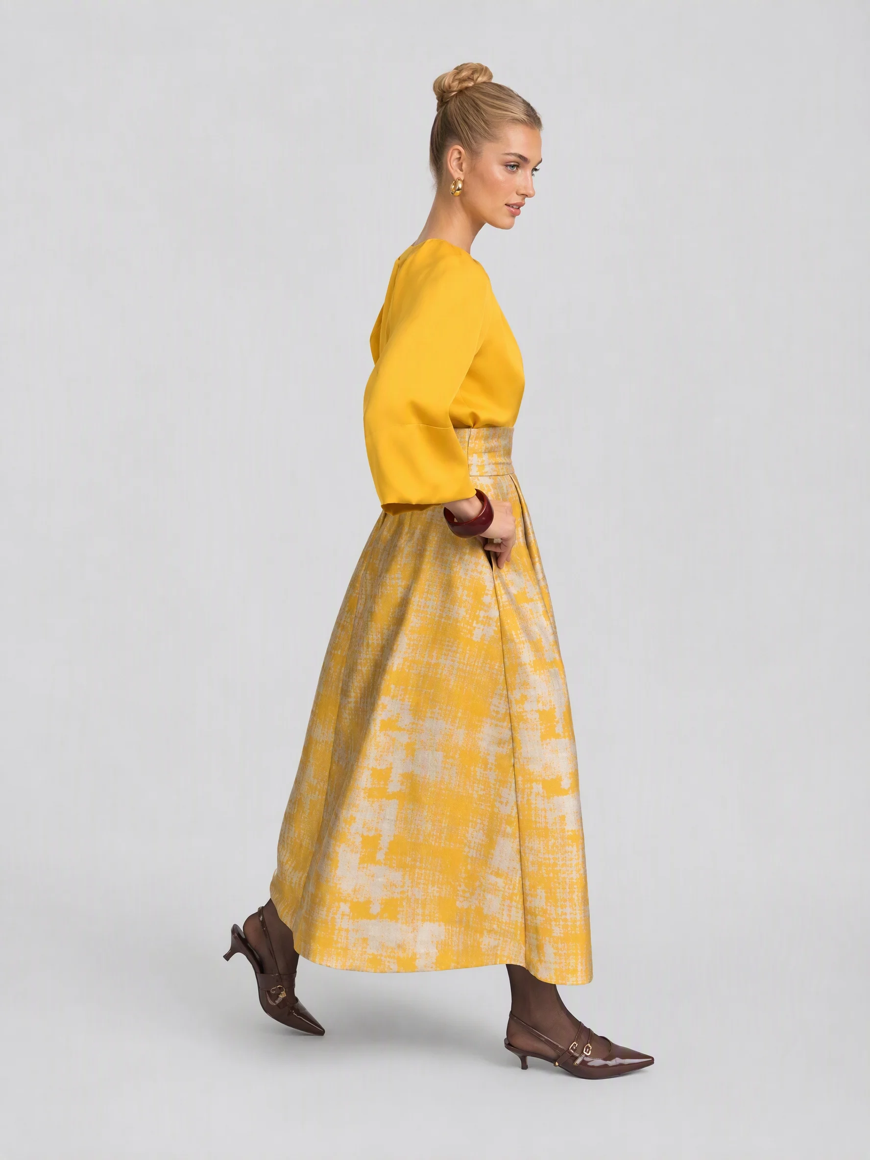 Elegant Yellow Satin Long Sleeve Blouse and Jacquard Belted Midi Skirt Set