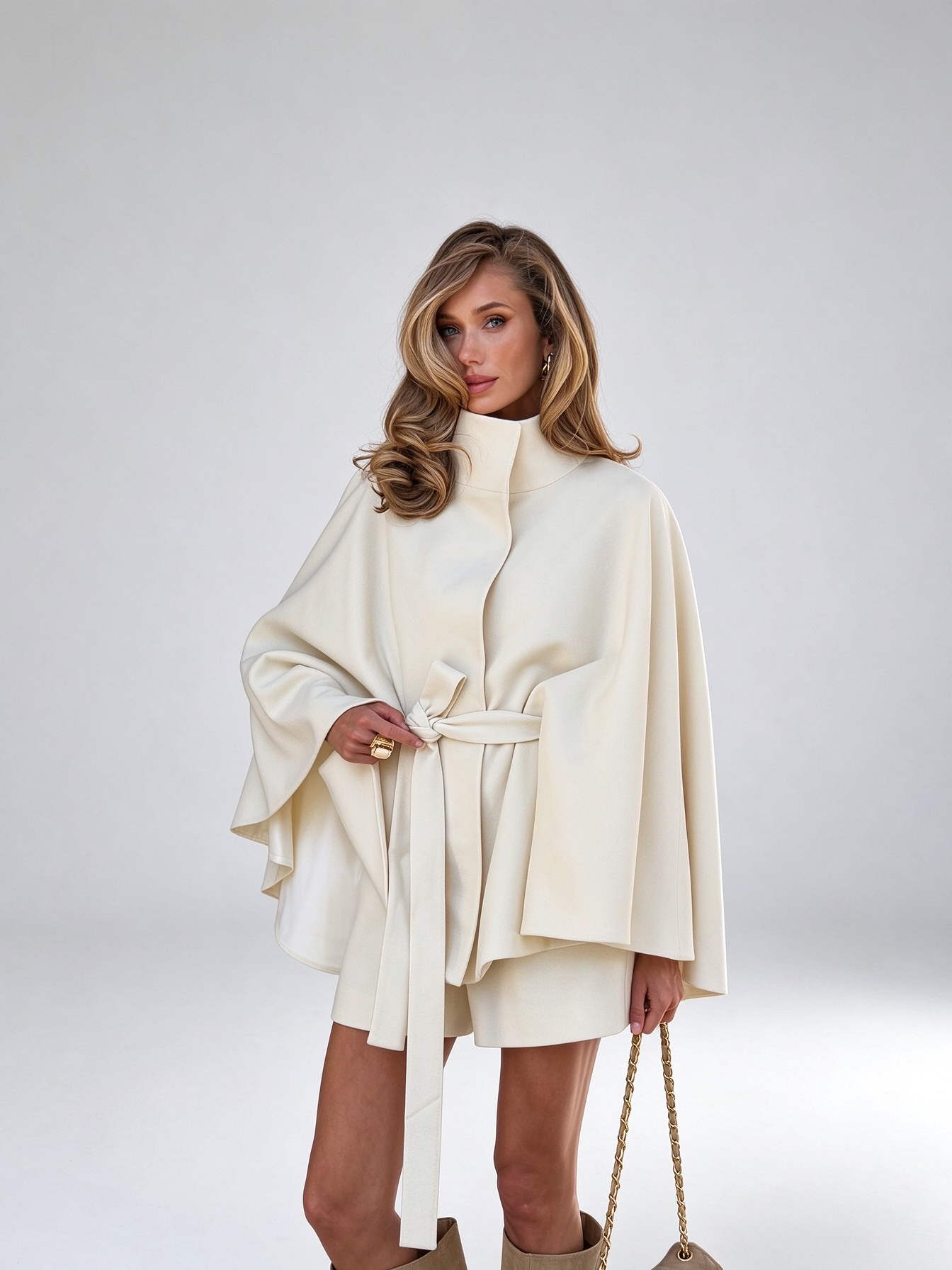 High Neck Belted Cape Coat and Shorts Two Piece Outfit Set