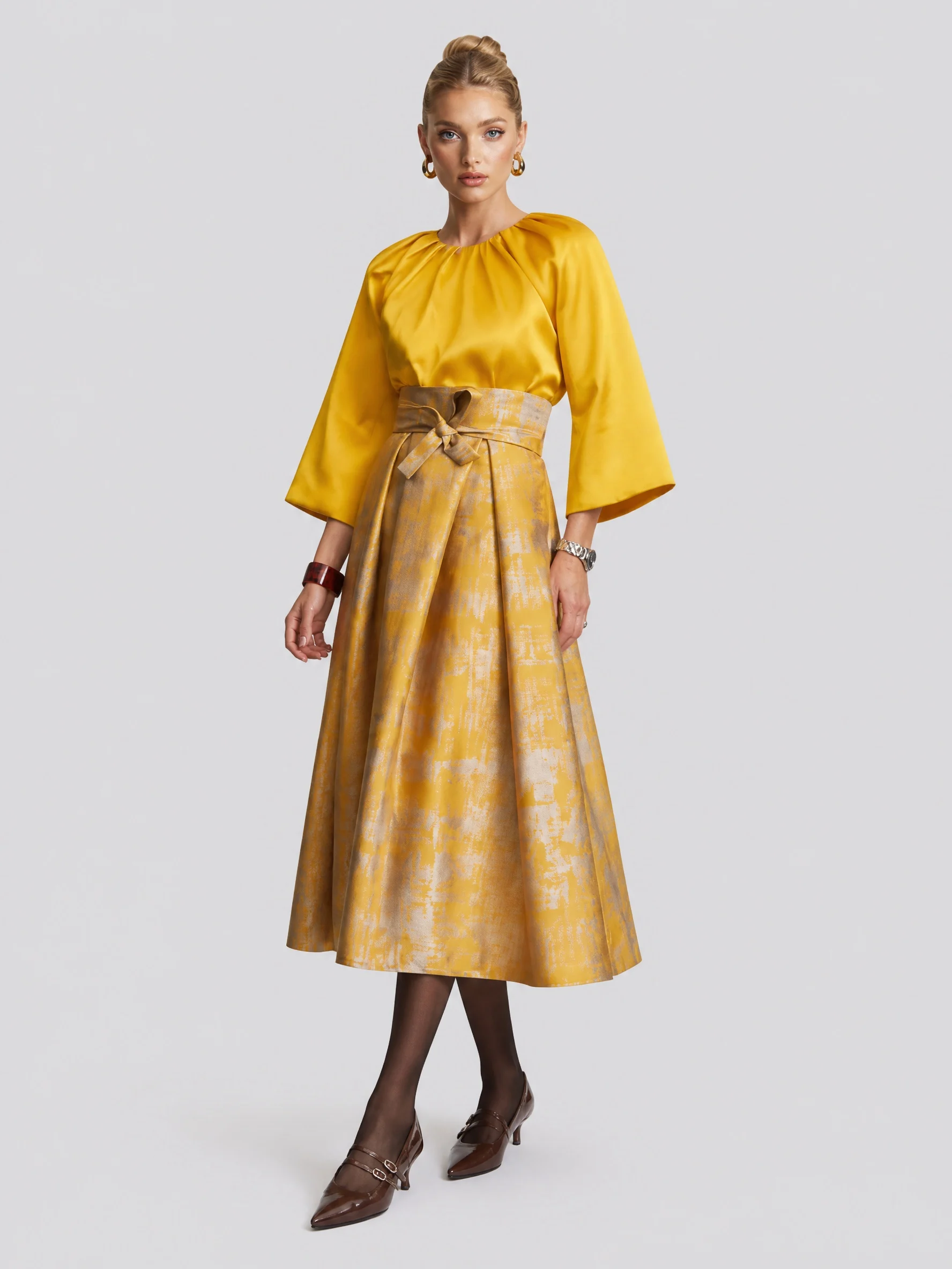 Elegant Yellow Satin Long Sleeve Blouse and Jacquard Belted Midi Skirt Set