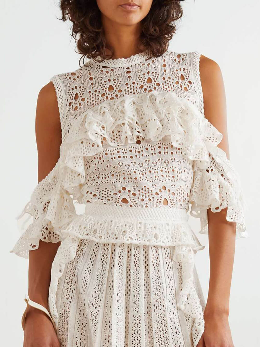 Exquisite Off-The-Shoulder Ruffled English Lace Crochet Linen Top