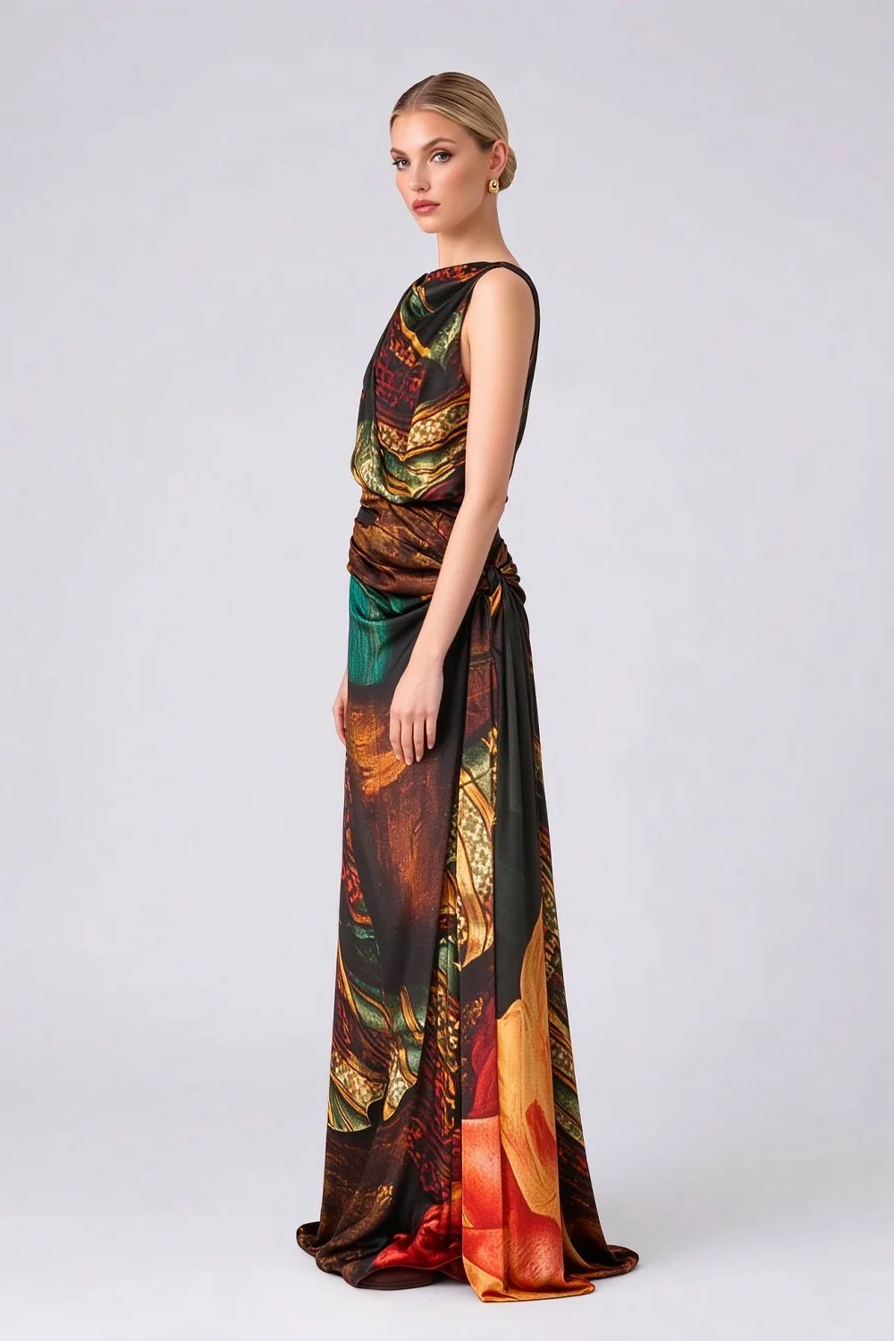 Sleeveless Draped Graphic Print Satin Column Maxi Evening Gown Dress [erp-image:70fb5eb16935a7fe2a191457]