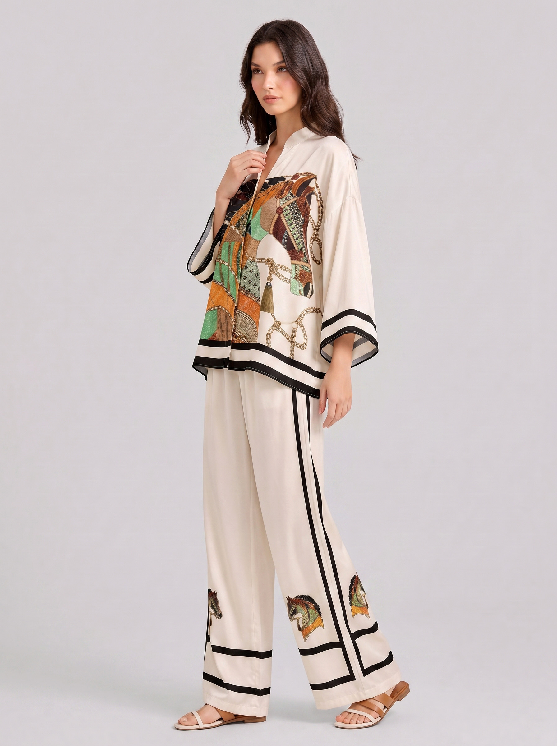 V-Neck Horse Pattern Satin Suit Pants Two-Piece Set