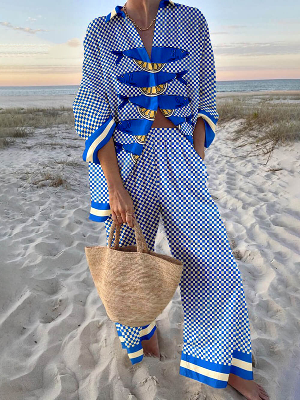 Unique Ocean Print Oversized Shirt and Elastic Waist Pocket Pants Set