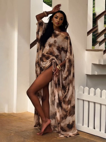 Elegant One-shoulder Tie-dye Floral Print Draped Maxi Dress