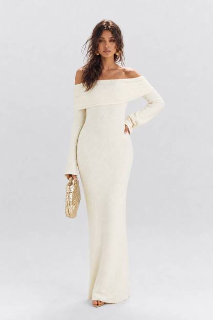 Texture Tweed Off-shoulder Long Dress