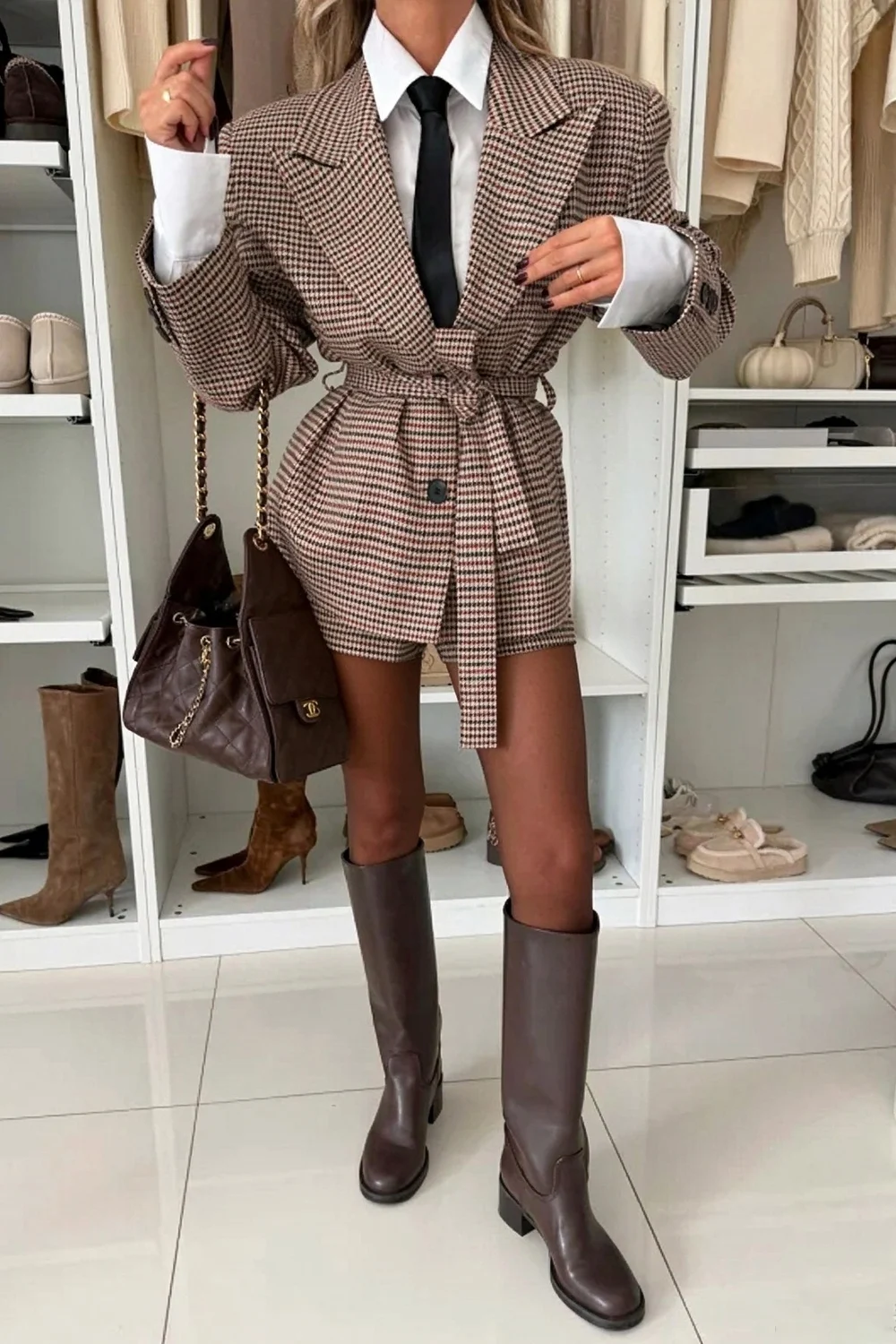 Houndstooth Plaid Belted Blazer and Shorts Two Piece Set [erp-image:772029ab60c070d936b86c4a]