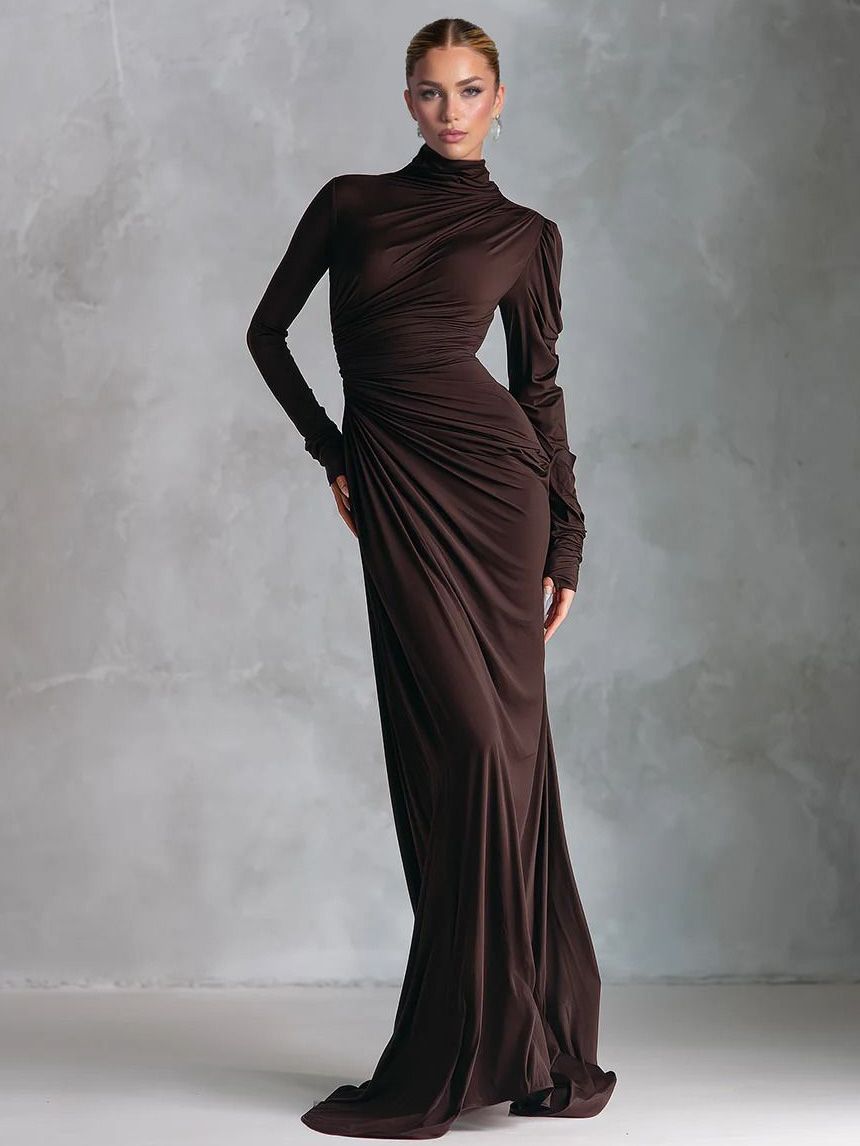 Exquisite Turtleneck Crinkled-knit Maxi Dress