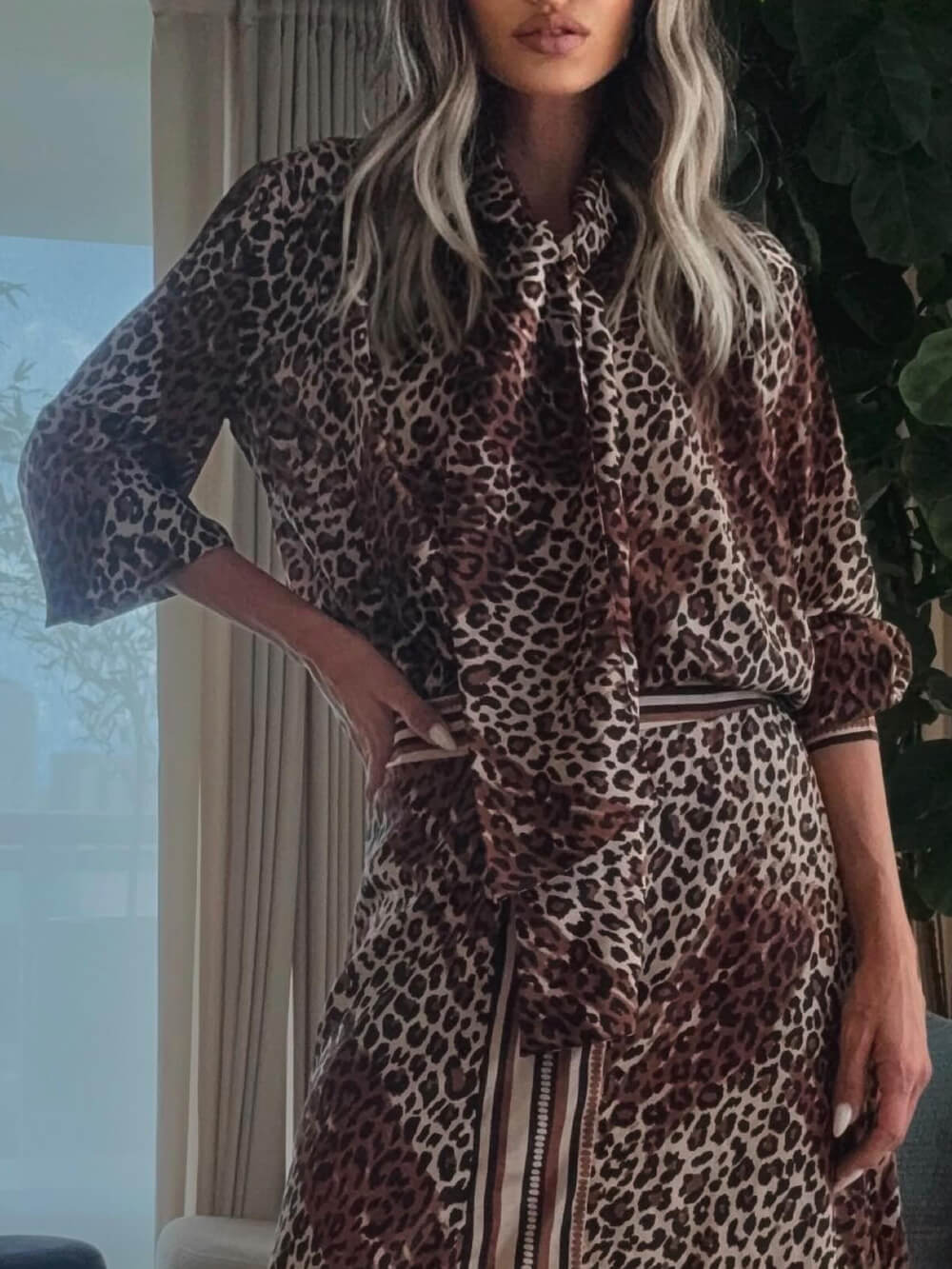 Retro Classic Leopard Print Patchwork Lace-Up Loose Shirt