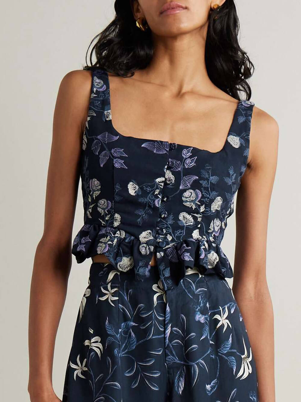Delicate Ruffle Floral Print Twill Tank Top
