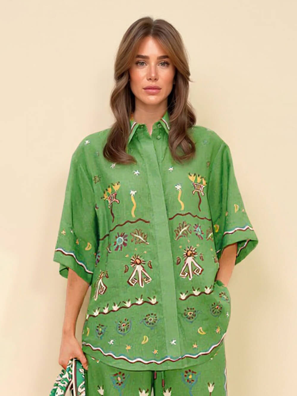 Unique Casual Sunny Dancer Print Button-Up Shirt Fitted Waist Loose Wide-Leg Pants Set