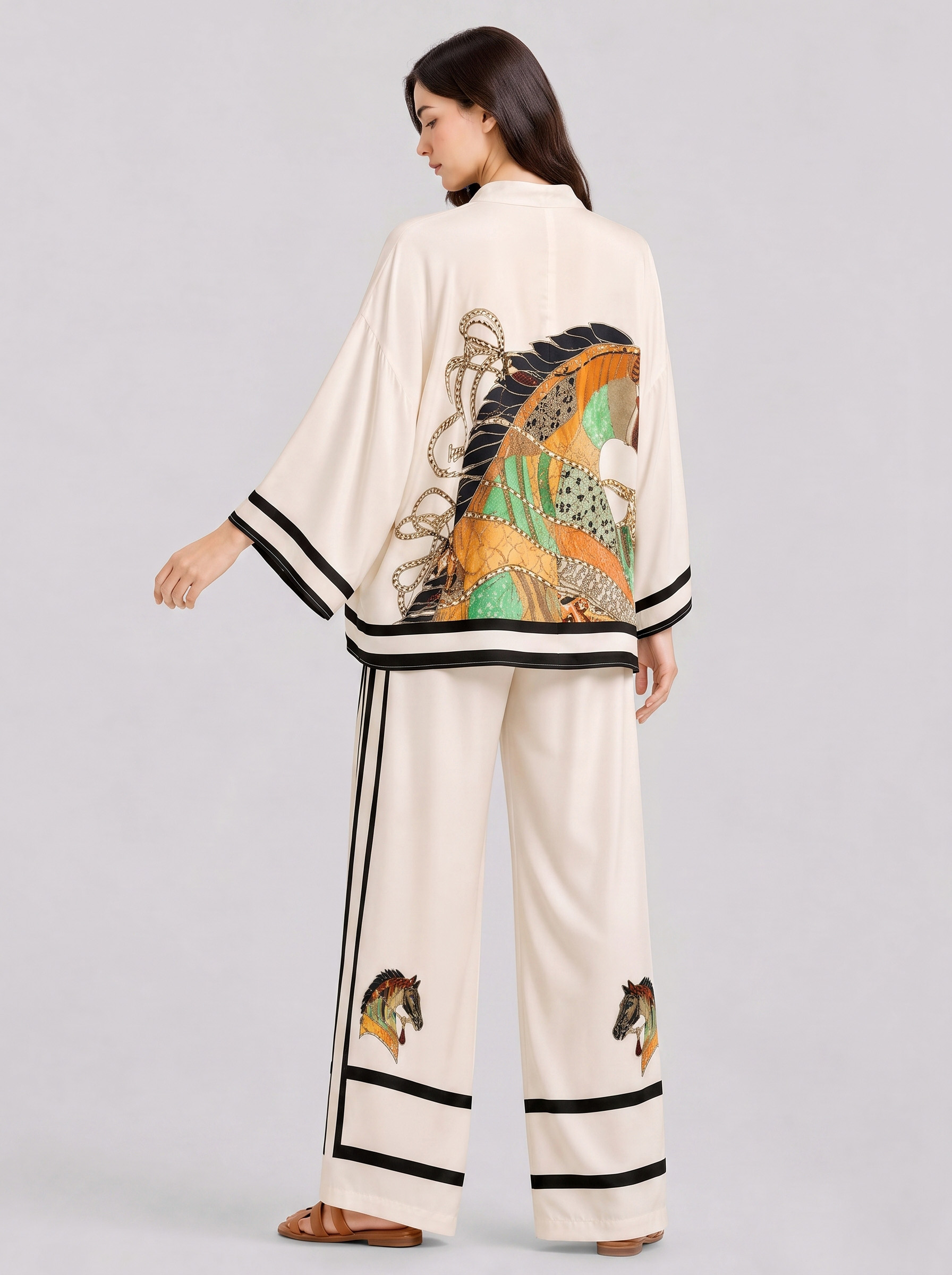 V-Neck Horse Pattern Satin Suit Pants Two-Piece Set