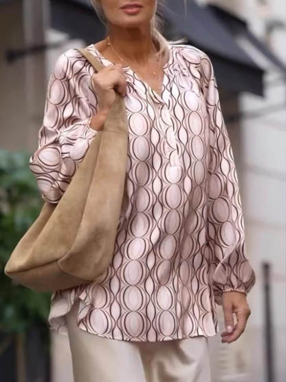 Retro Circle Print Charm Cuffs Loose Fit Shirt