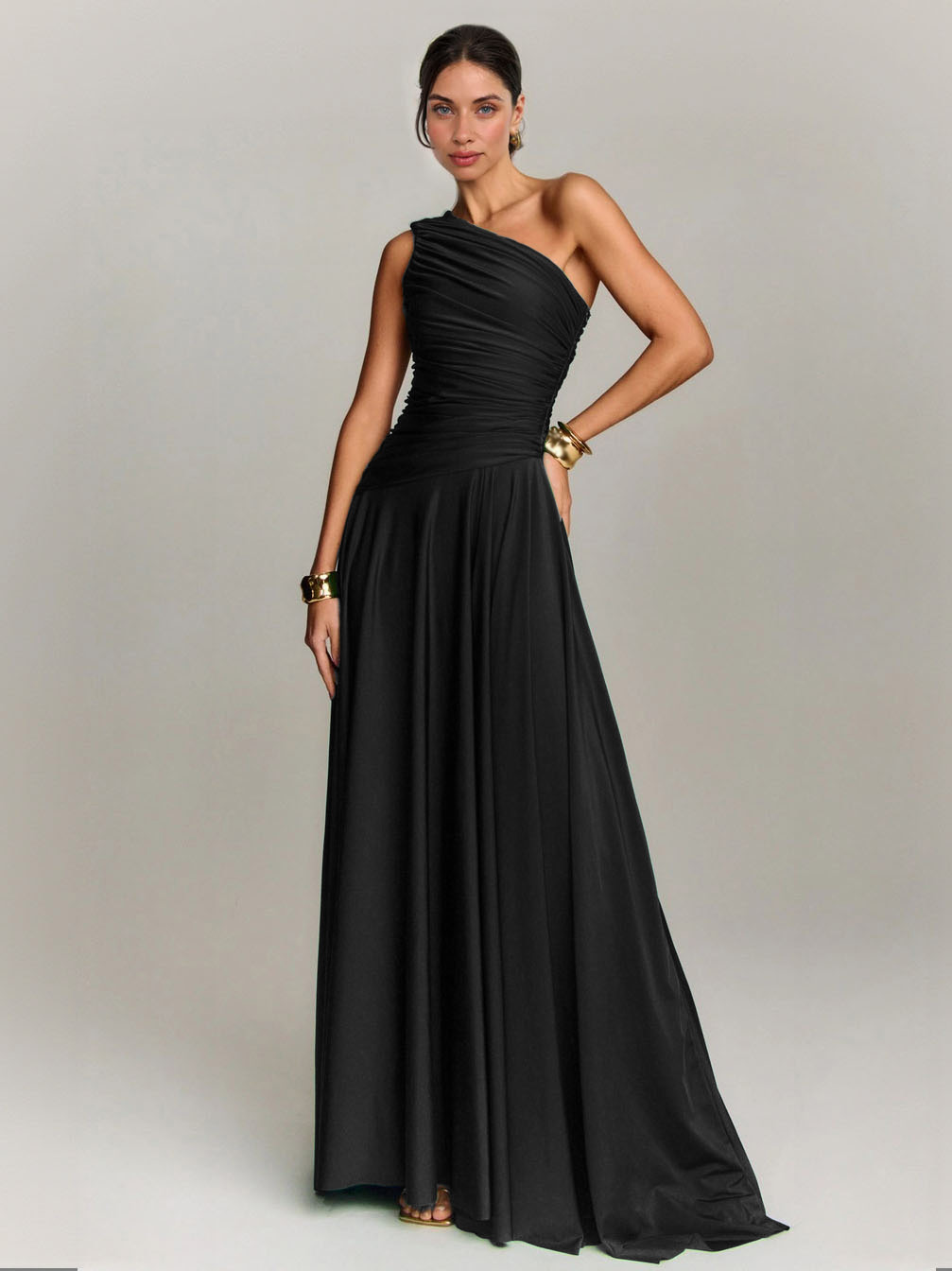 Elegant Draped One Shoulder Cocktail Maxi Dress