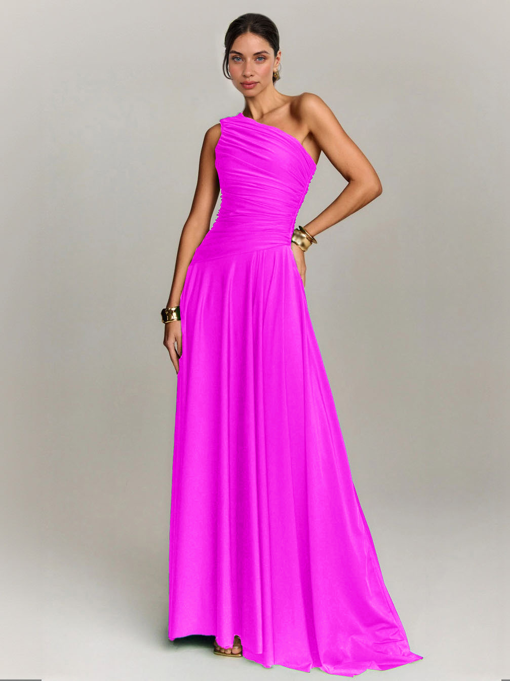 Elegant Draped One Shoulder Cocktail Maxi Dress