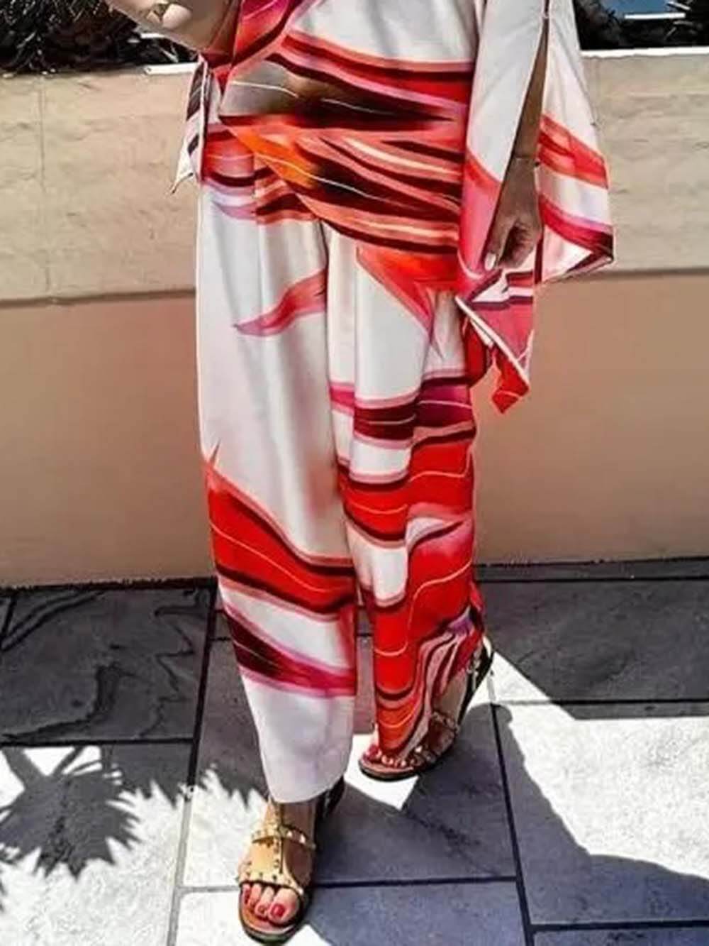 Exquisite Printed Elastic Waist Pocket Straight-Leg Pants