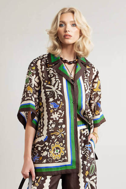 Unique Vintage Moroccan Print Linen Elastic Waist Pocket Wide-Leg Pants