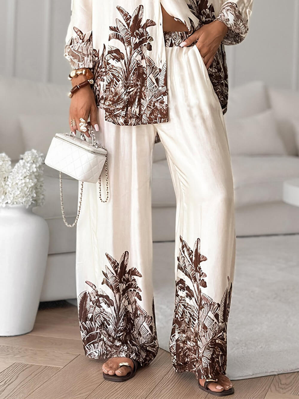 Casual Floral Print Elastic-Waist Wide-Leg Pants