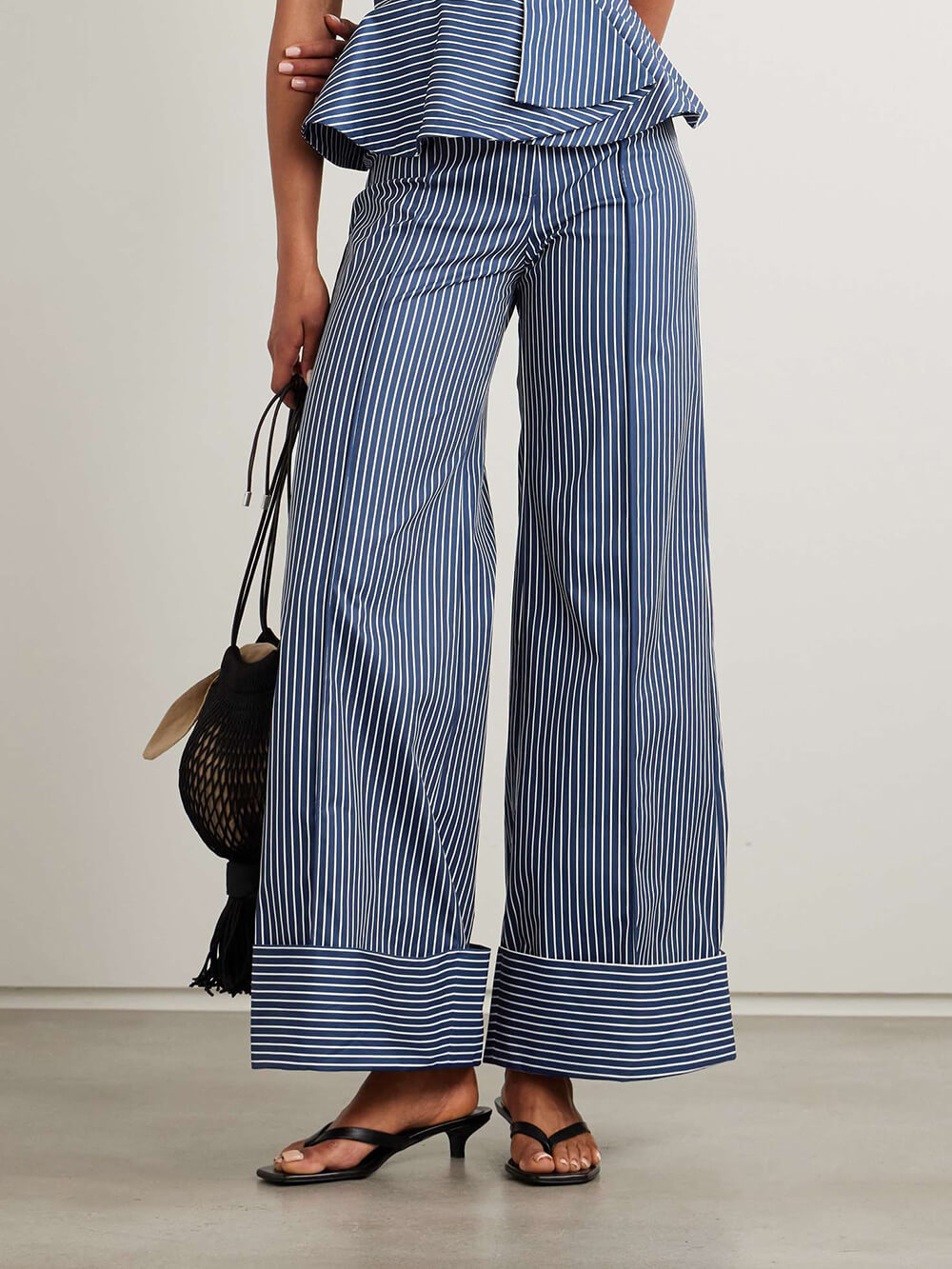 Retro Striped Print Stretch Twill Wide-Leg Pants