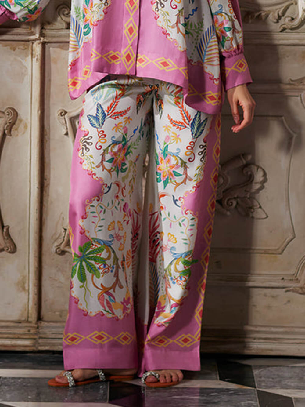 Mystic Bloom Floral Geometric Print Wide-Leg Pants