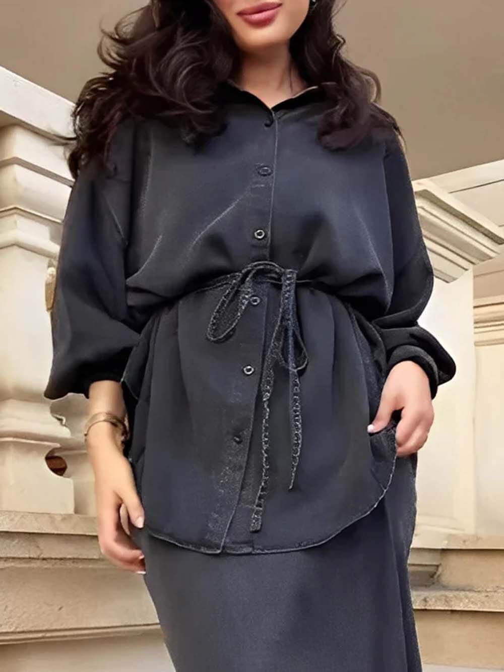 Fashion Casual Tie-Waist Loose Button-Up Top