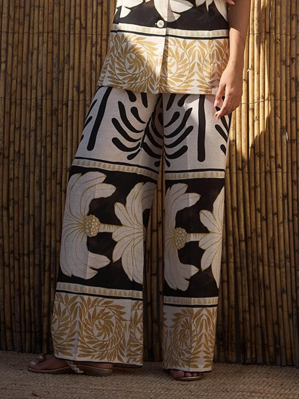Boho Tropical Print High-Waisted Wide-Leg Pants