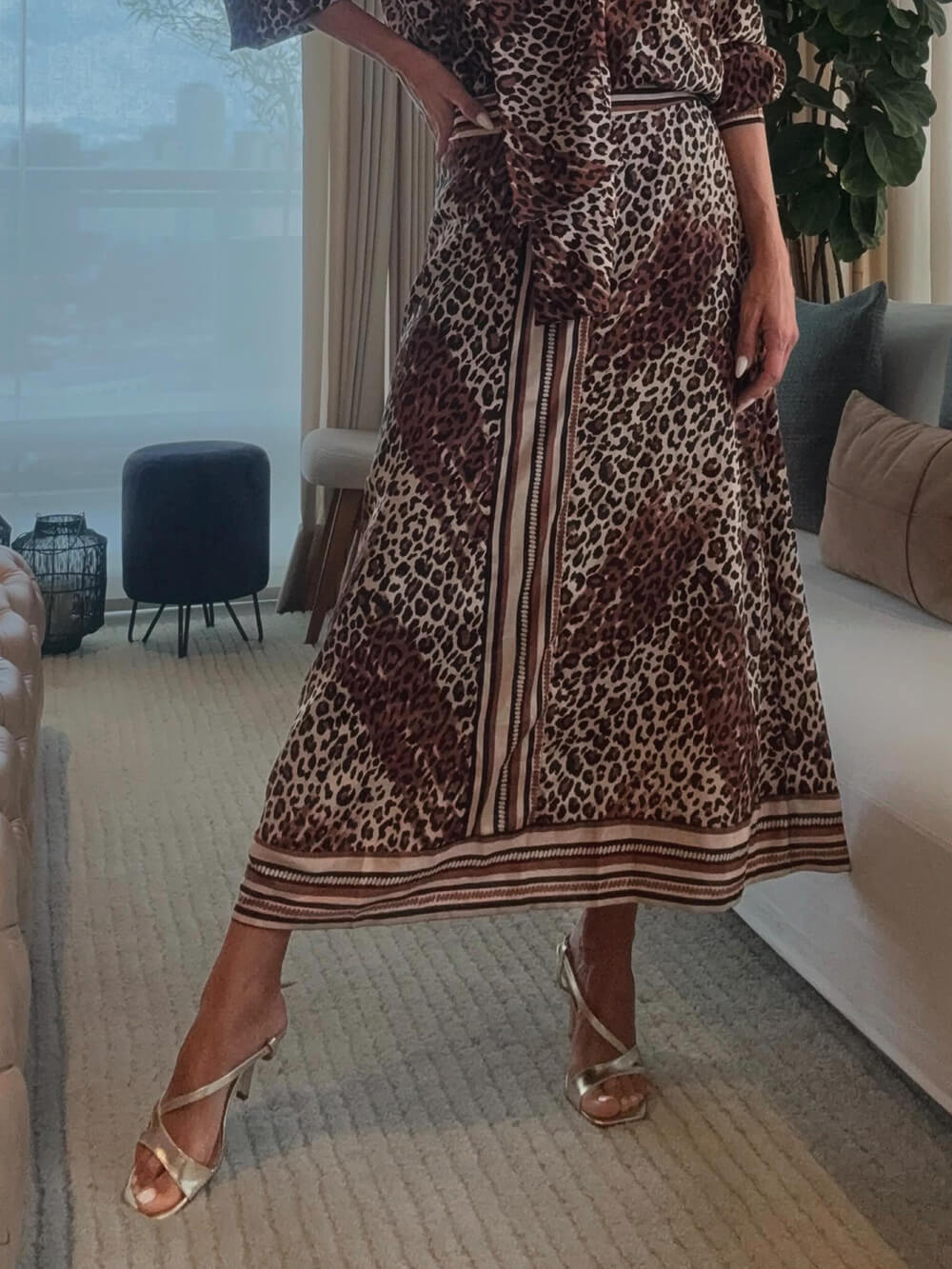 Retro Classic Leopard Print Patchwork Elastic Waist Midi Skirt