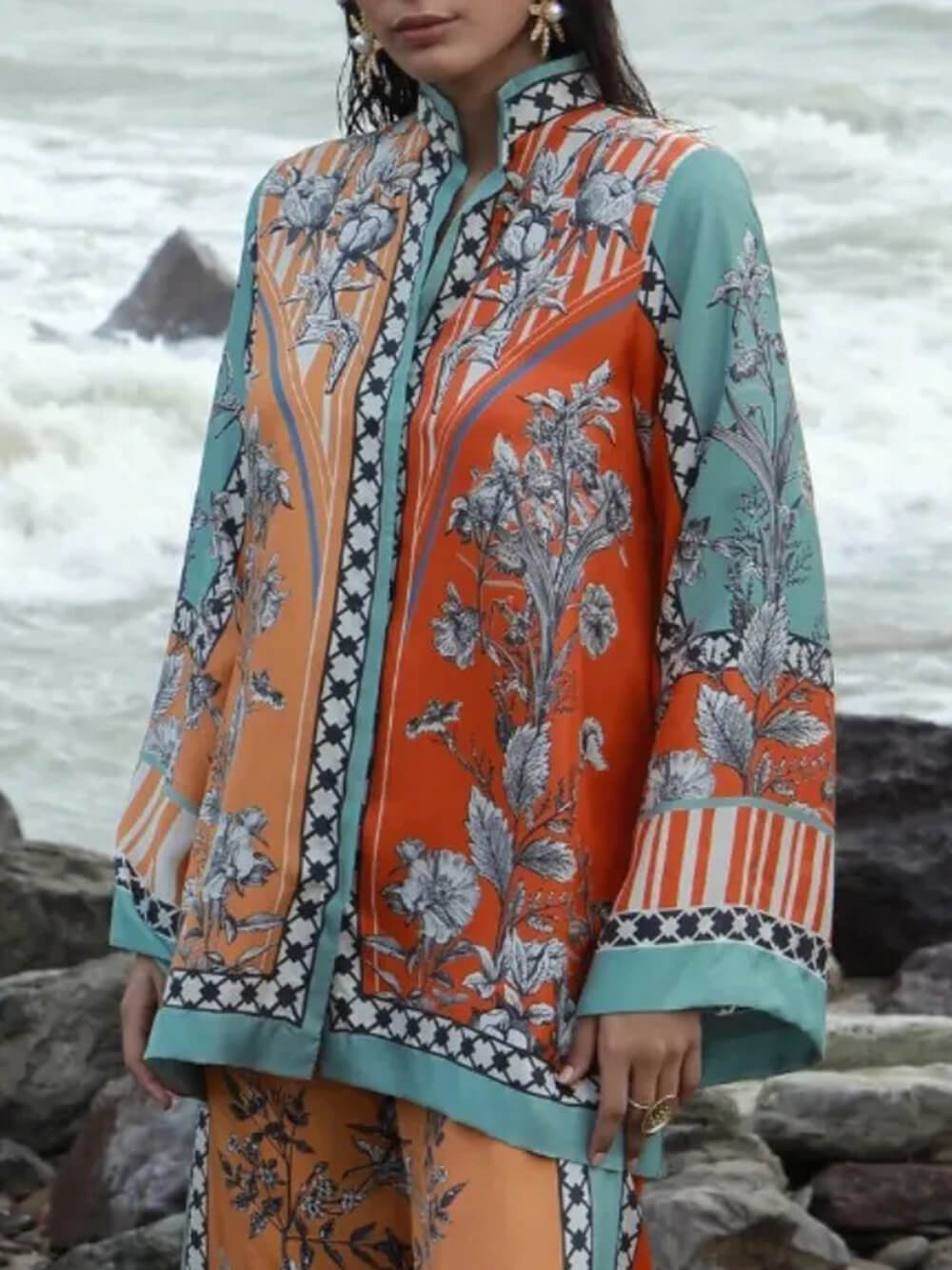 Exquisite Satin Floral Print Patchwork High-Neck Blouse
