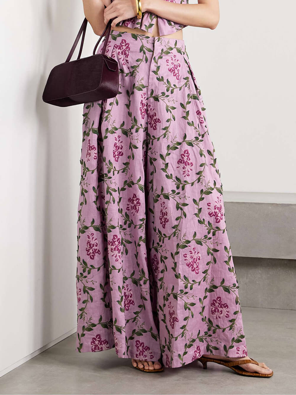 Classic Printed High-Waisted Linen Wide-Leg Pants