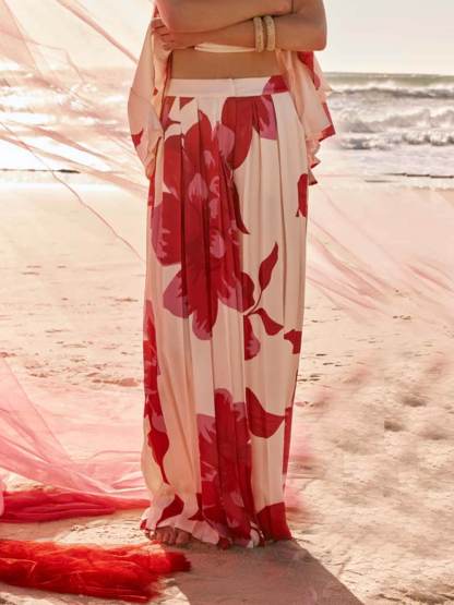 Elegant Printed Satin Ruched Pocket Wide-Leg Pants