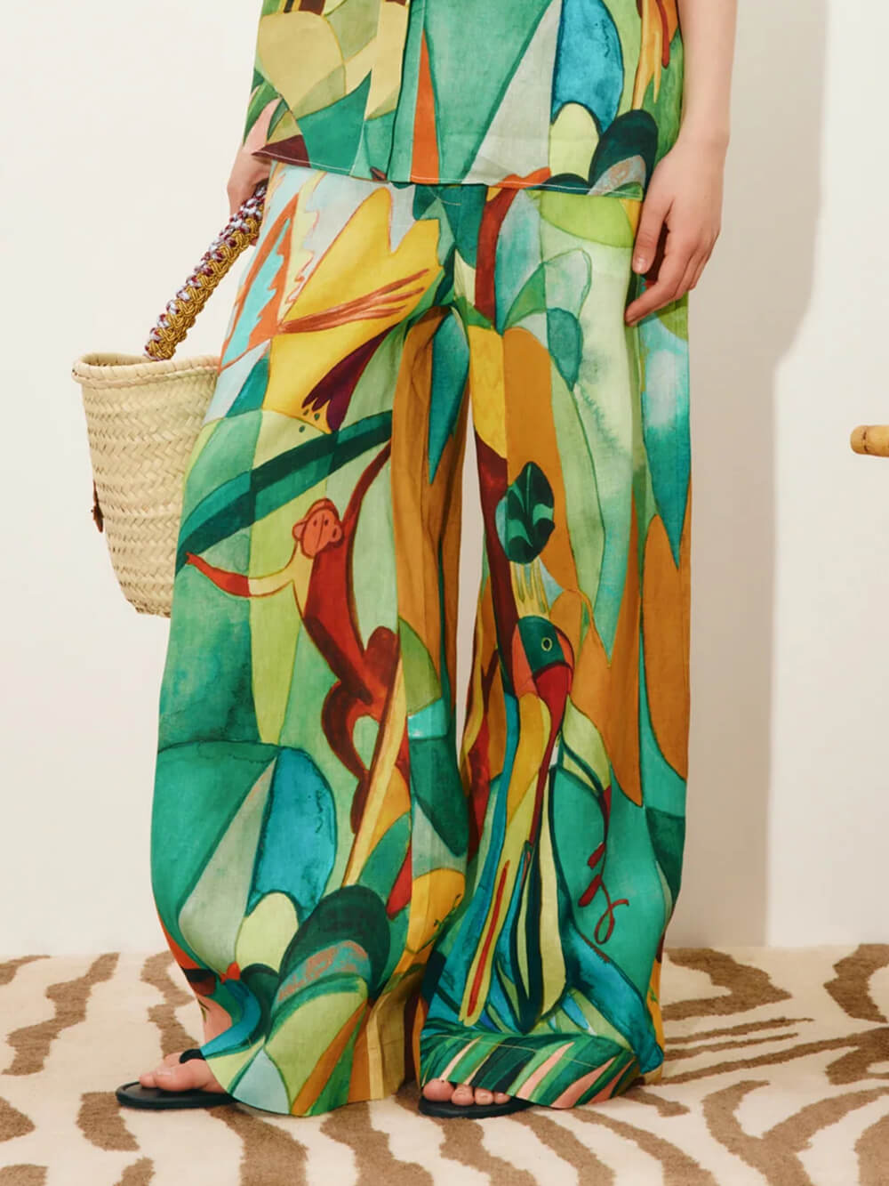Unique Modern Linen Abstract Print Loose Wide-Leg Pants