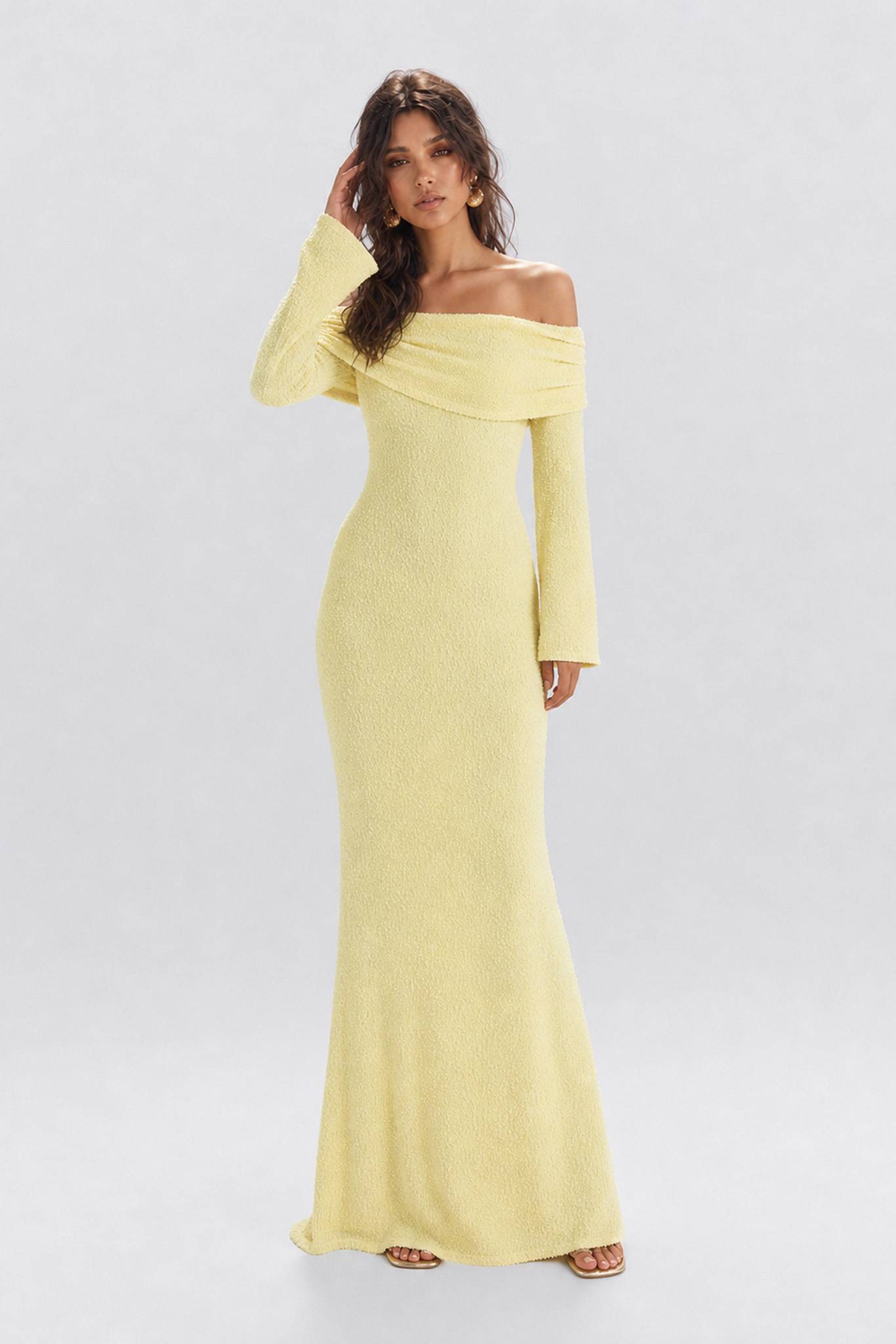 Texture Tweed Off-shoulder Long Dress