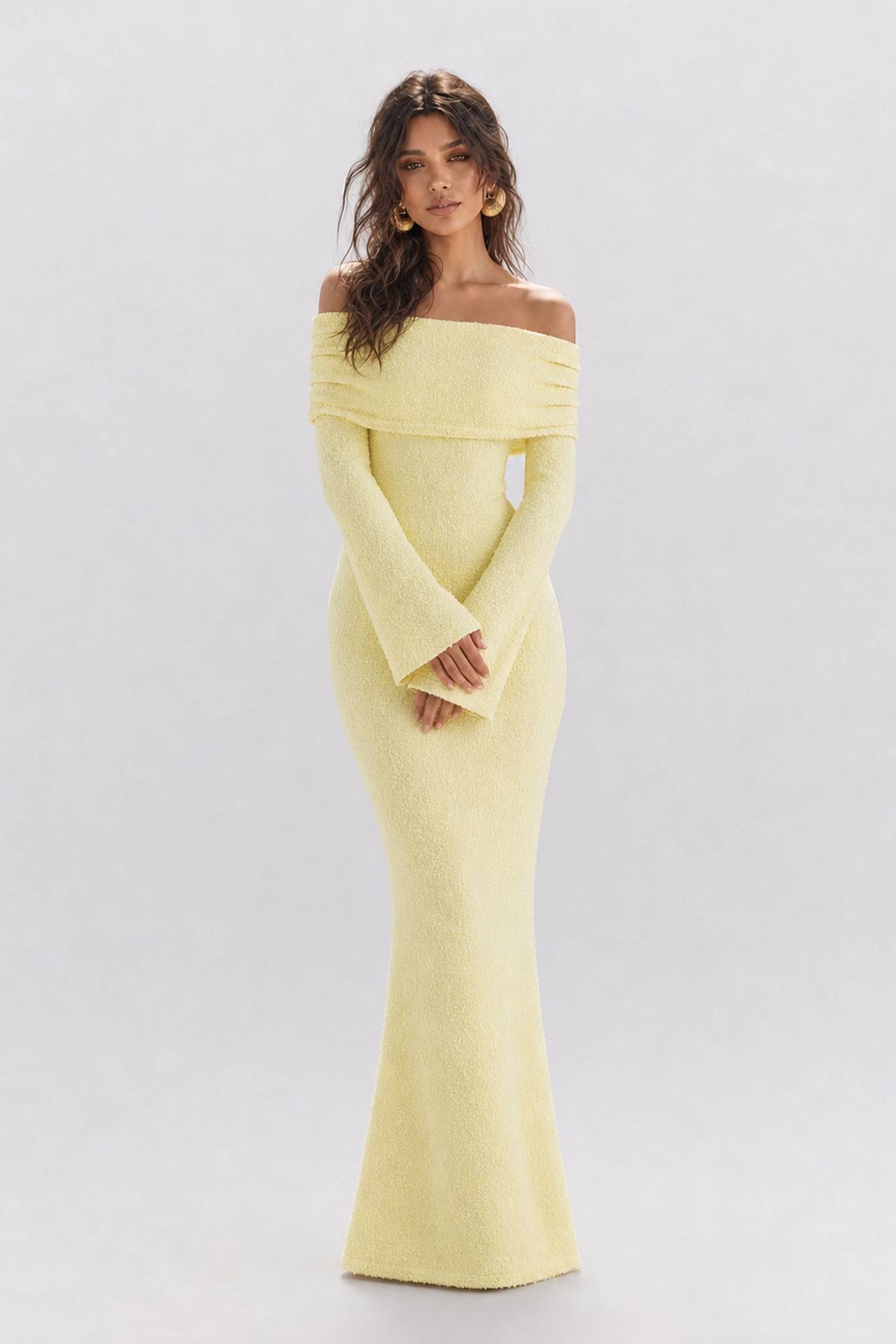Texture Tweed Off-shoulder Long Dress