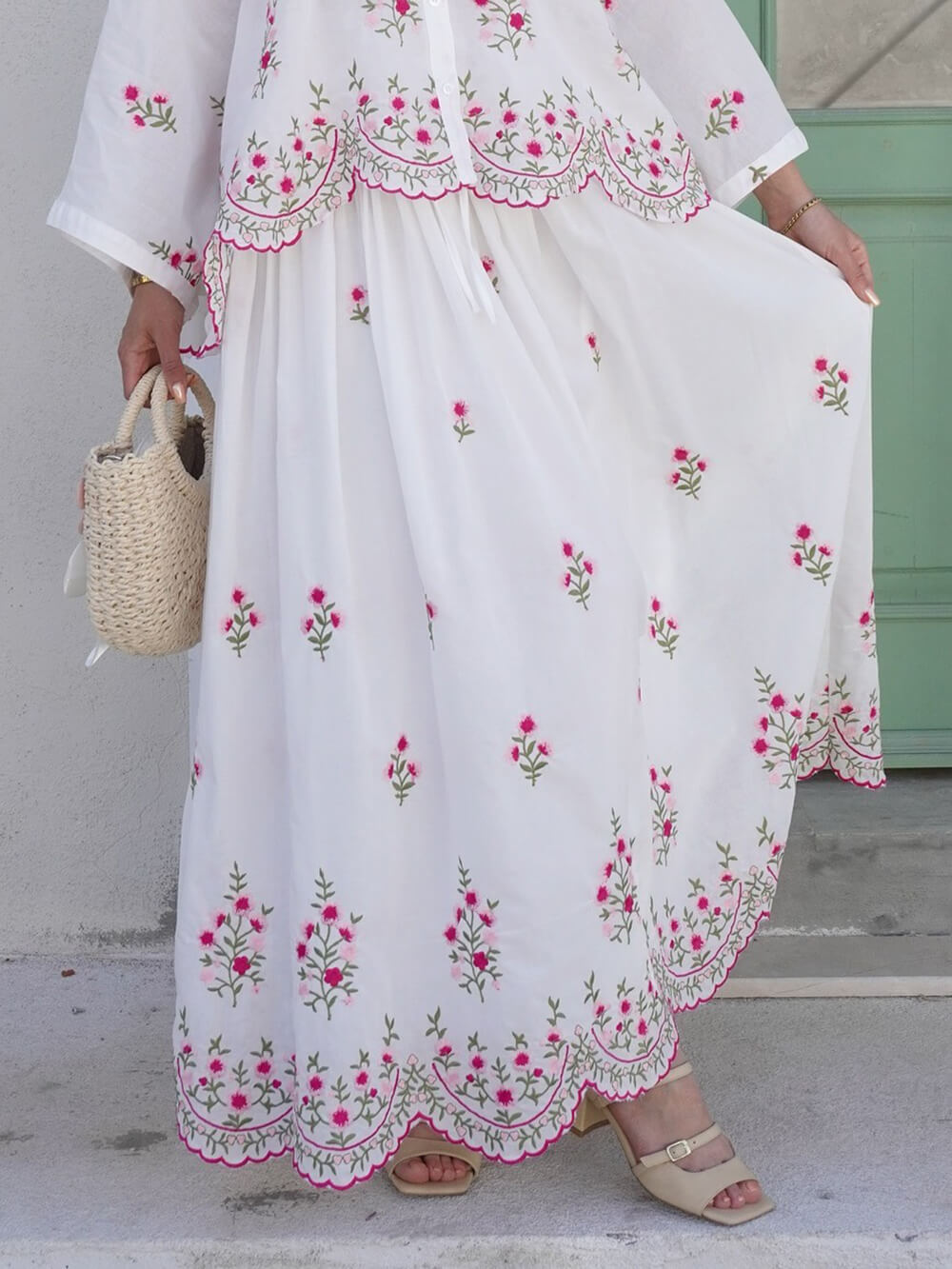 Delicate Floral Embroidered Ruffle With Elastic Waist Midi Skirt