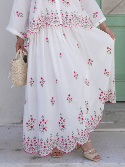 Delicate Floral Embroidered Ruffle With Elastic Waist Midi Skirt