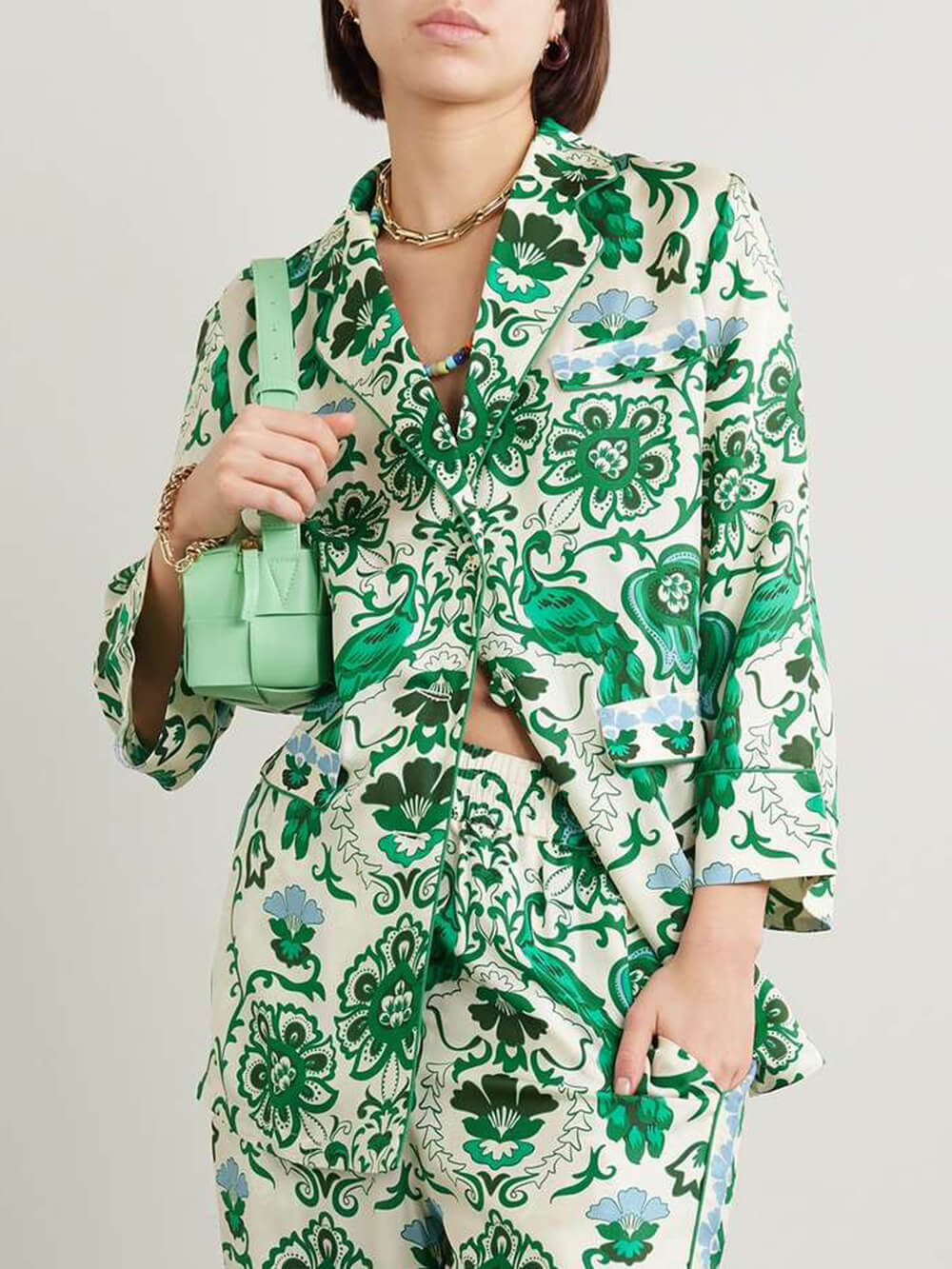 Exquisite Floral & Peacock Printed Satin Twill Blazer
