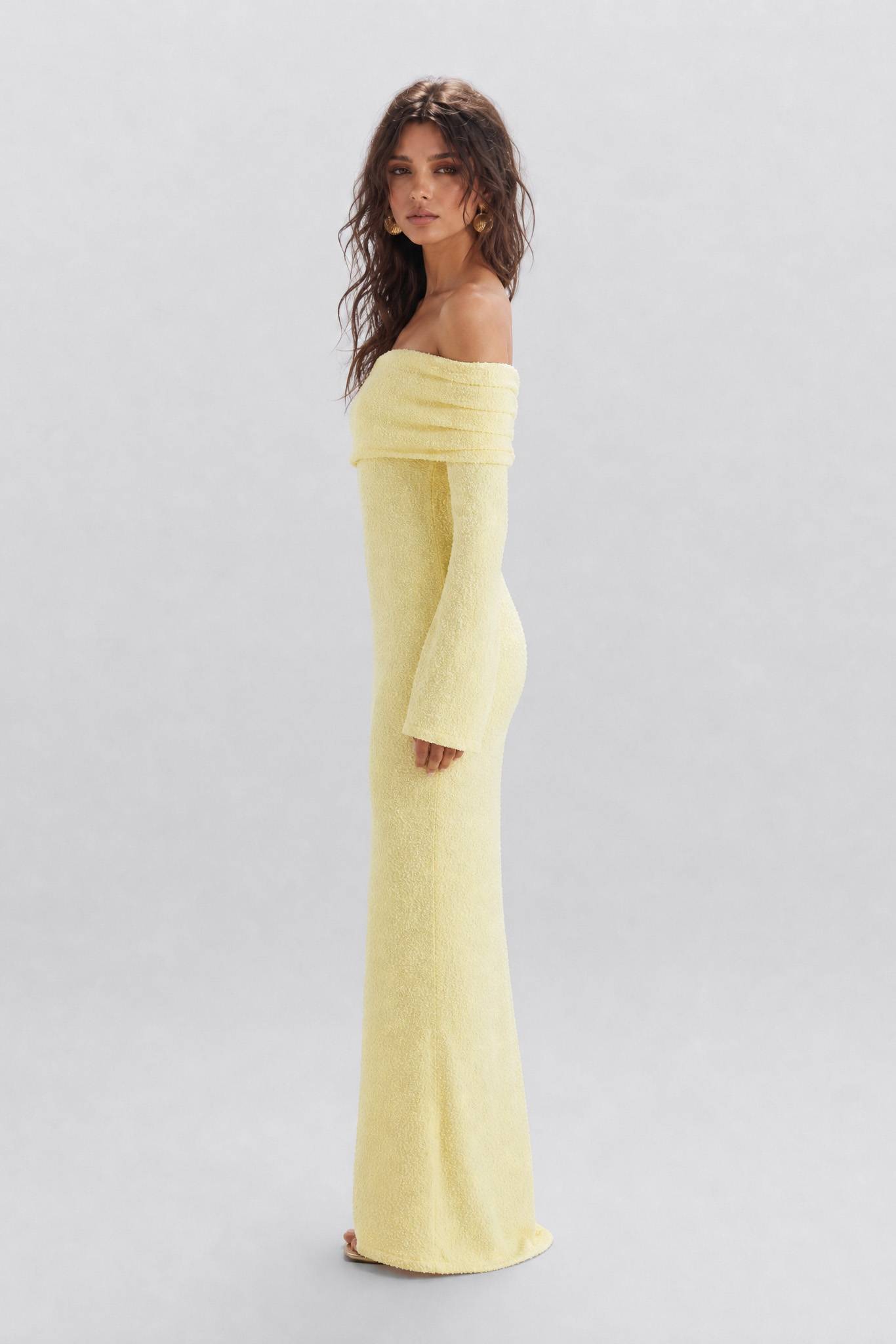 Texture Tweed Off-shoulder Long Dress
